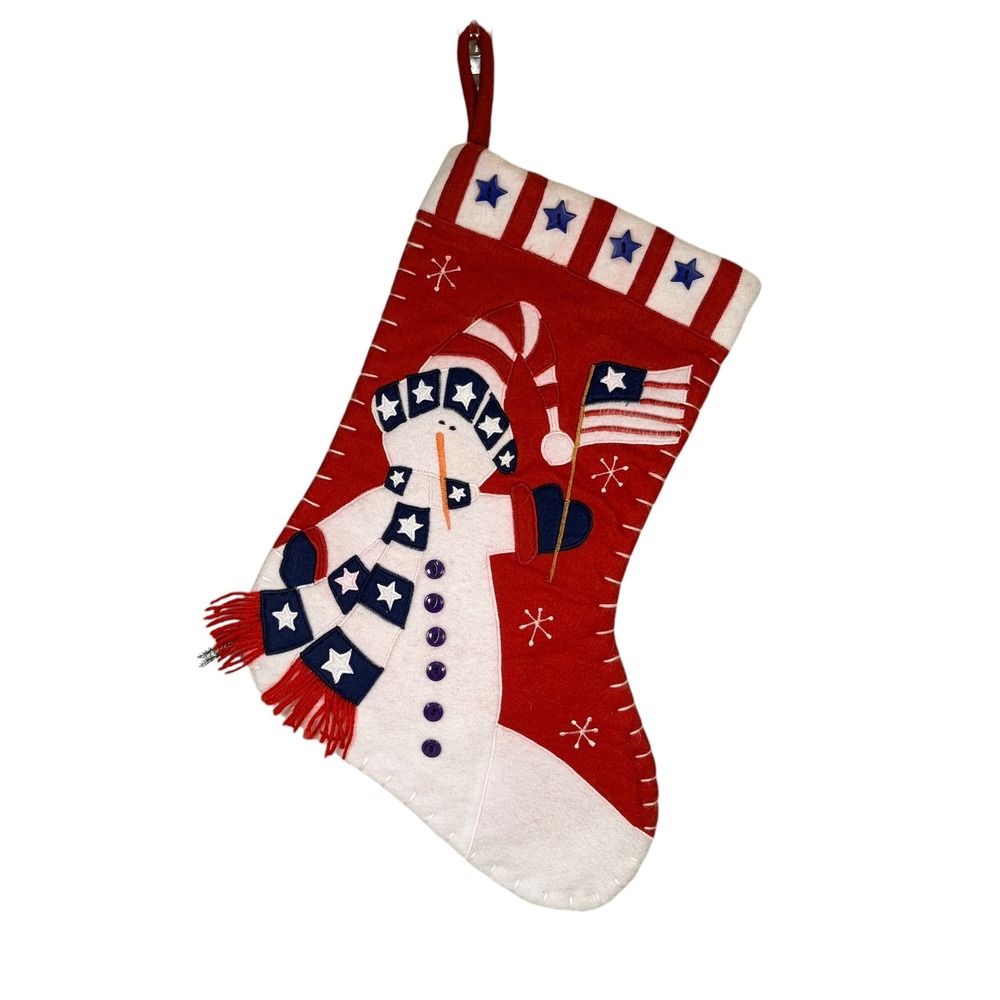 VTG 90s Patriotic Snowman Christmas Stocking Red‎ Felt Americana Stars Stripes